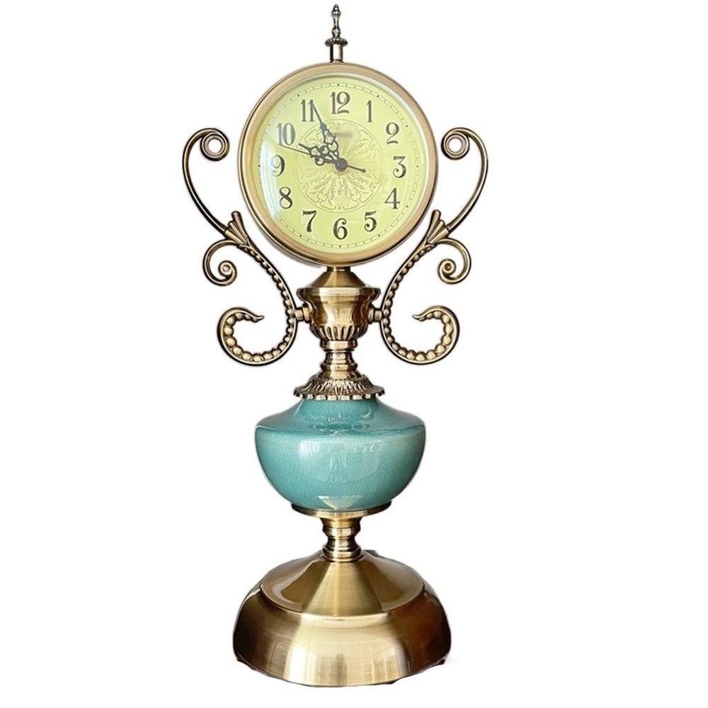 YWMLFZ Cyan Color Chinese Clock, Seat Clock, European Ornament Clock, Retro Living Room, Silent Home Use