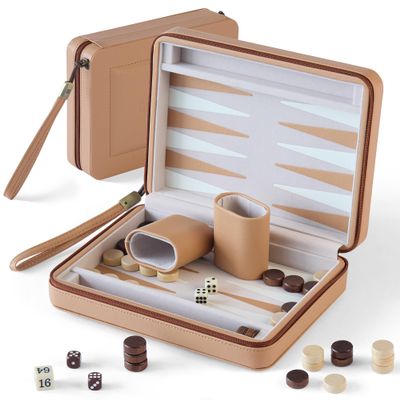Magnetic Travel Backgammon Set, Portable PU Leather Backgammon Board Game, 9 Inch Classic Strategy Game for Adult Teens, Folding Backgammon Board with 32 Wooden Pieces and 5 Dices, Khaki