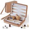 Magnetic Travel Backgammon Set, Portable PU Leather Backgammon Board Game, 9 Inch Classic Strategy Game for Adult Teens, Folding Backgammon Board with 32 Wooden Pieces and 5 Dices, Khaki view 1