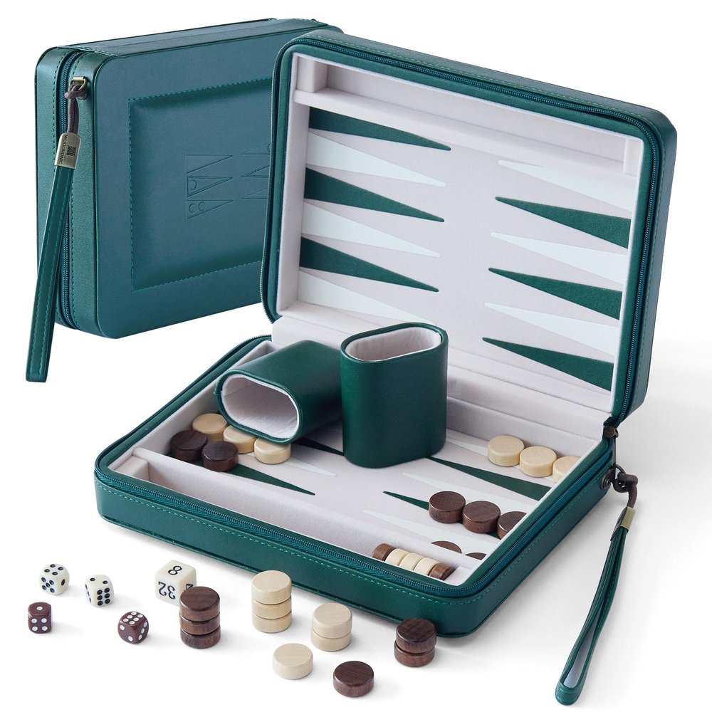 Magnetic Travel Backgammon Set, Portable PU Leather Backgammon Board Game, 9 Inch Classic Strategy Game for Adult Teens, Folding Backgammon Board with 32 Wooden Pieces and 5 Dices, Green