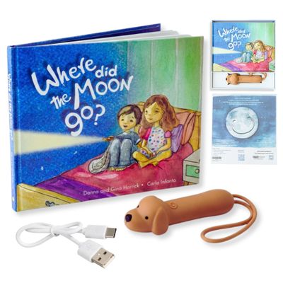 Where Did the Moon Go? Interactive Hand Shadow Book & Bravery Flashlight - watercolor Rhyming Story to Calm Fear of the Dark, Montessori Sibling Play & Fine Motor Toy, USB-C Rechargeable Gift Set