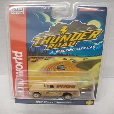 Auto World SC416-3A Thunder Road 1957 Suburban HO Scale Electric Slot Car - Tan with Graphics and Dirty