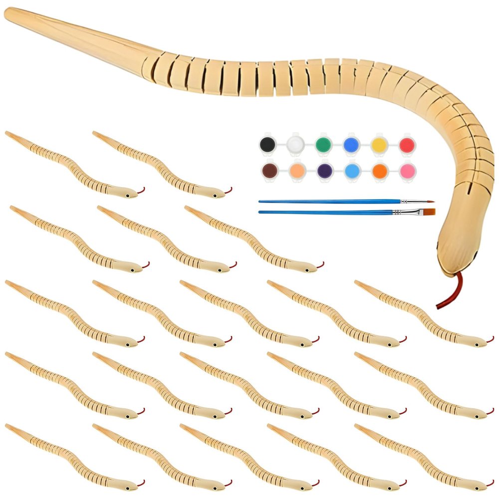 20 Pcs Kit Wooden Snakes Craft, Included Brushes 2 and Paint 12 Color, Kids Gift, DIY Fun Activity