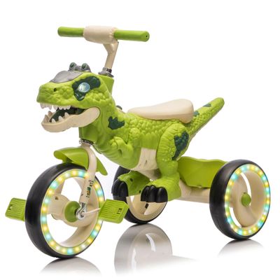 Dinosaur Kids Tricycle for Rider, Toddlers Kid Trike Bike Big Wheel with EVA Wide Flash Wheels, Anti-Slip Pedals, Storage Basket, Music & LED Lights, Kids Bike for 3-6 Year Old Girls & Boys (Green)
