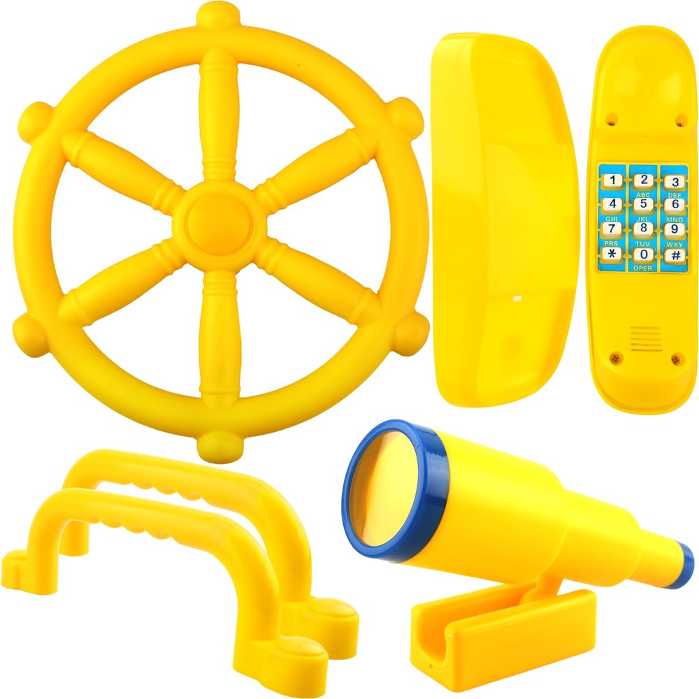 5 Pcs Kids Playground Accessories for Kids Outdoor Plastic Steering Wheel Swingset Phone Pirate Telescope Telephone Safety Handle for Child Backyard Tree House Playhouse Jungle Gym (Yellow Set 1)
