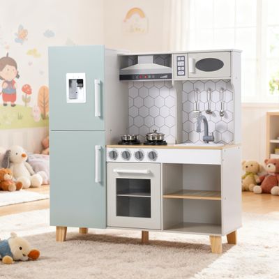 OAPKIJN Play Kitchen Toddlers, Wooden Toy Kitchen Playset for Kids with Simulated Lights & Sounds,Pretend Play Kitchens Set with Sink, Stove, Microwave, Storage and 6PCS Stainless Steel Kitchenware