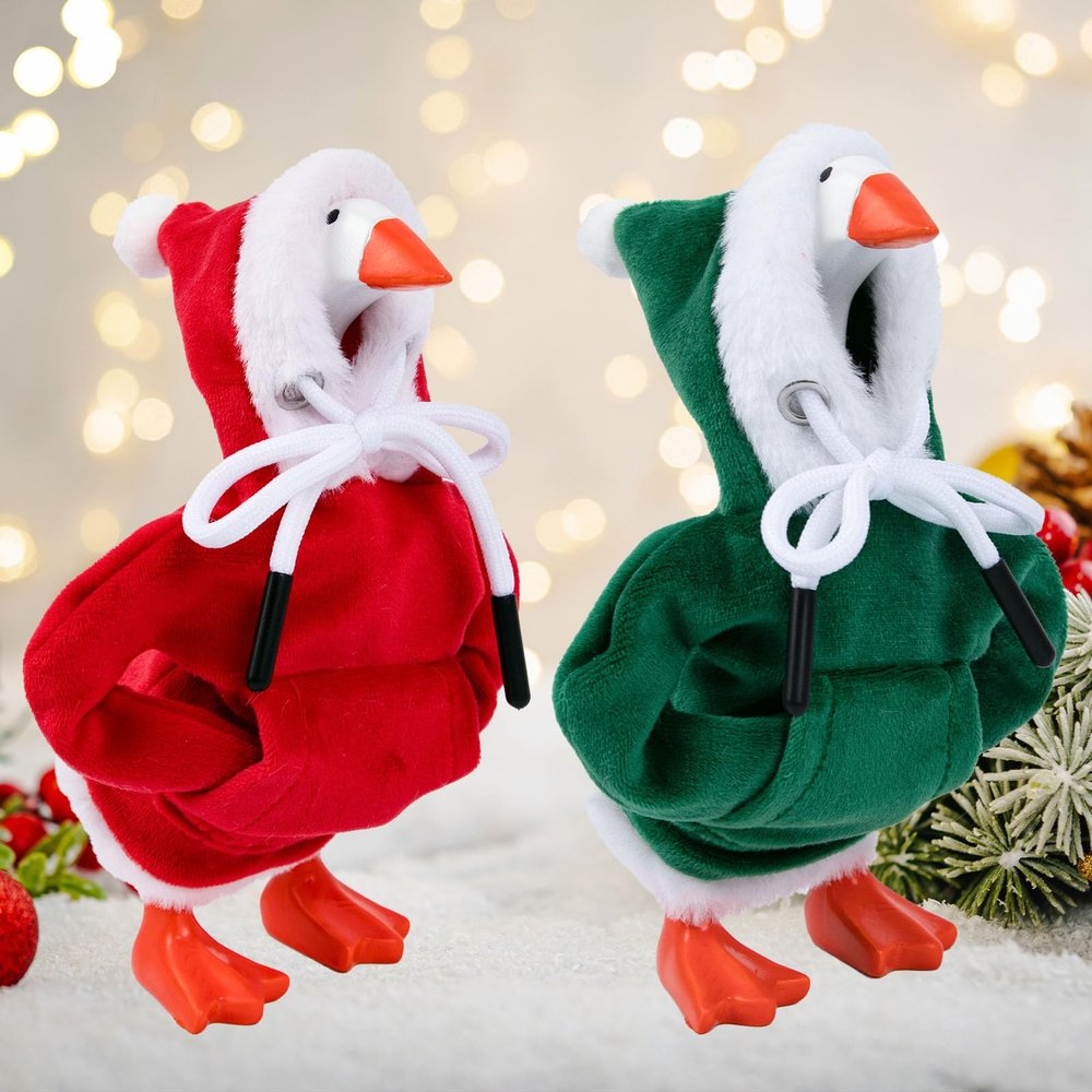 2 Pcs Desk Goose Outfits 7 Inches, Mini Desk Goose Clothes Hoodies 7 Inch Porch Geese Costume Clothing Accessories Magnetic Desktop Geese Statue Table Decor (Red & Green)