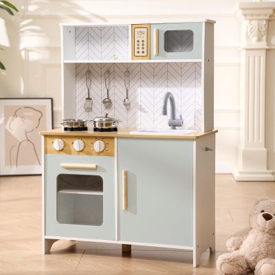OAPKIJN Play Kitchen for Toddlers, Wooden Toy Kitchen Playset for Kids, Chef Pretend Play Kitchens Set with Sink, Stove, Microwave, Storage and 6PCS Stainless Steel Accessories