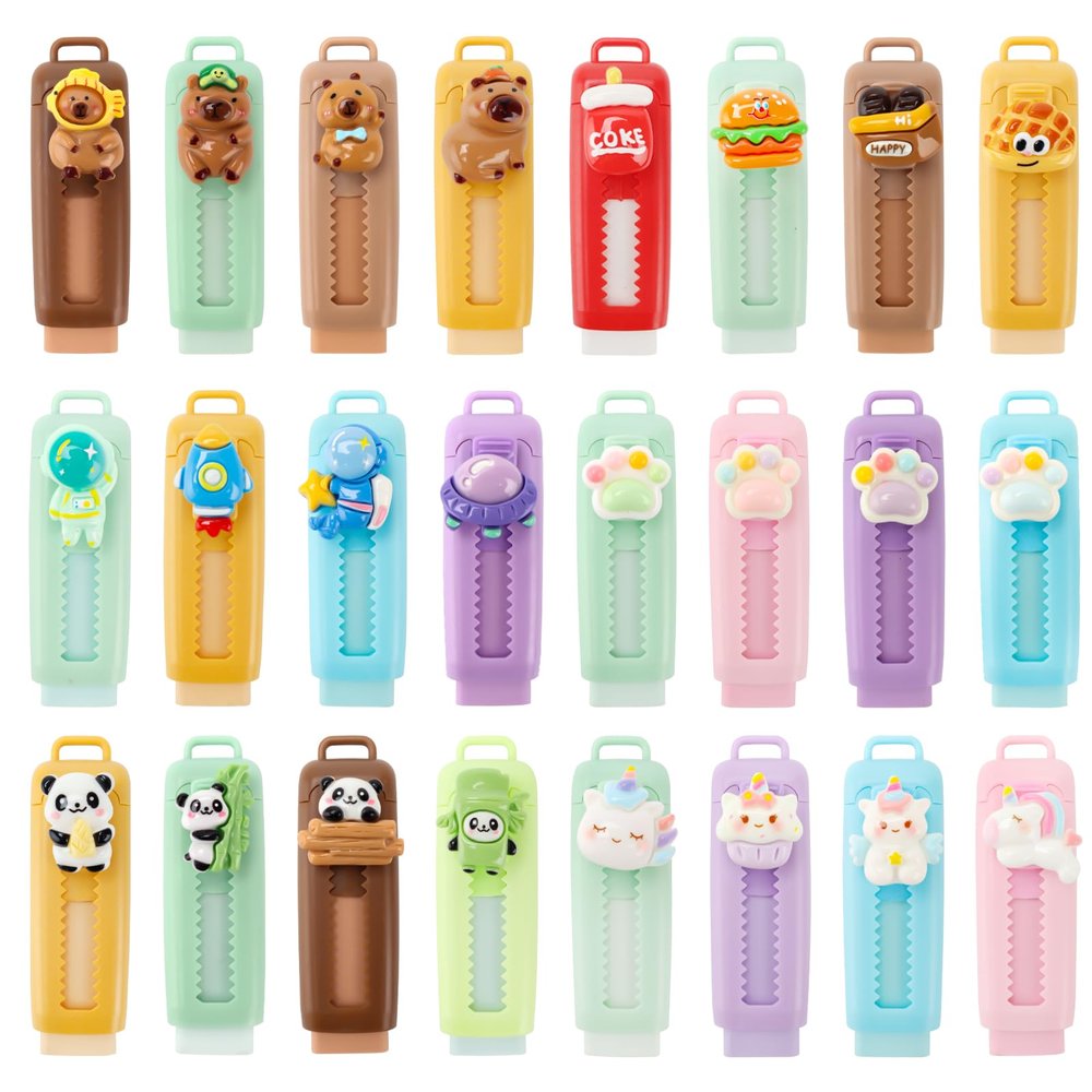 24 Pcs Retractable Eraser Cute Erasers Bulk Fun Cartoon Animal Spaceman, Students Erasers Prizes, Classroom Party Favors, Kawaii School Supplies Back to School Gifts