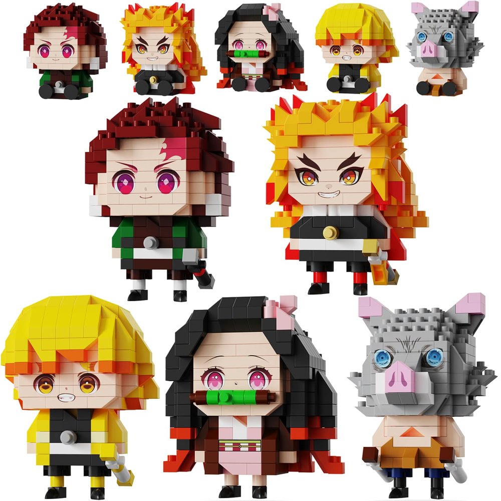 5 Anime Kill Demon-Themed Figures Building Set, 2IN1 Sitting&Standing Models Cute Popular Characters Slayer Micro Brick Head, Japanese Manga Merch Toy Decor Valentine's Day Gift for Fans(1140 Pcs)