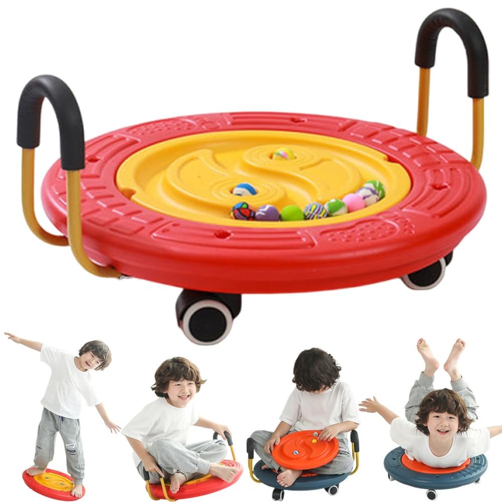 wangdahua Balance Scooter Board for Kids, 4-in-1 Sensory Wobble Board with 5 Balls, Toddler Scooter Boards with Handles, Plastic Rocker Balance Boards Physical Therapy Toys for Kids Age 3-9,Red