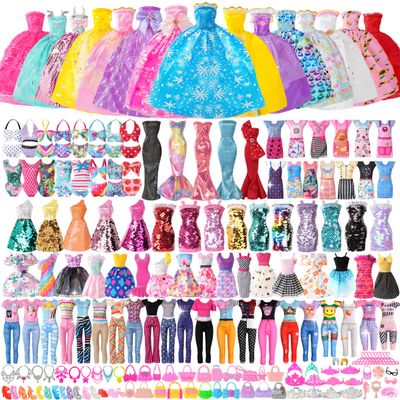 120Pcs Doll Clothes and Accessories, 5 Wedding Gowns 21 Dresses Including Evening Gowns, Fish Scale Skirts, Fashion Dresses, Swimsuits, Shoes, Hangers for Christmas Stocking Stuffers Girls Gift Age 3+