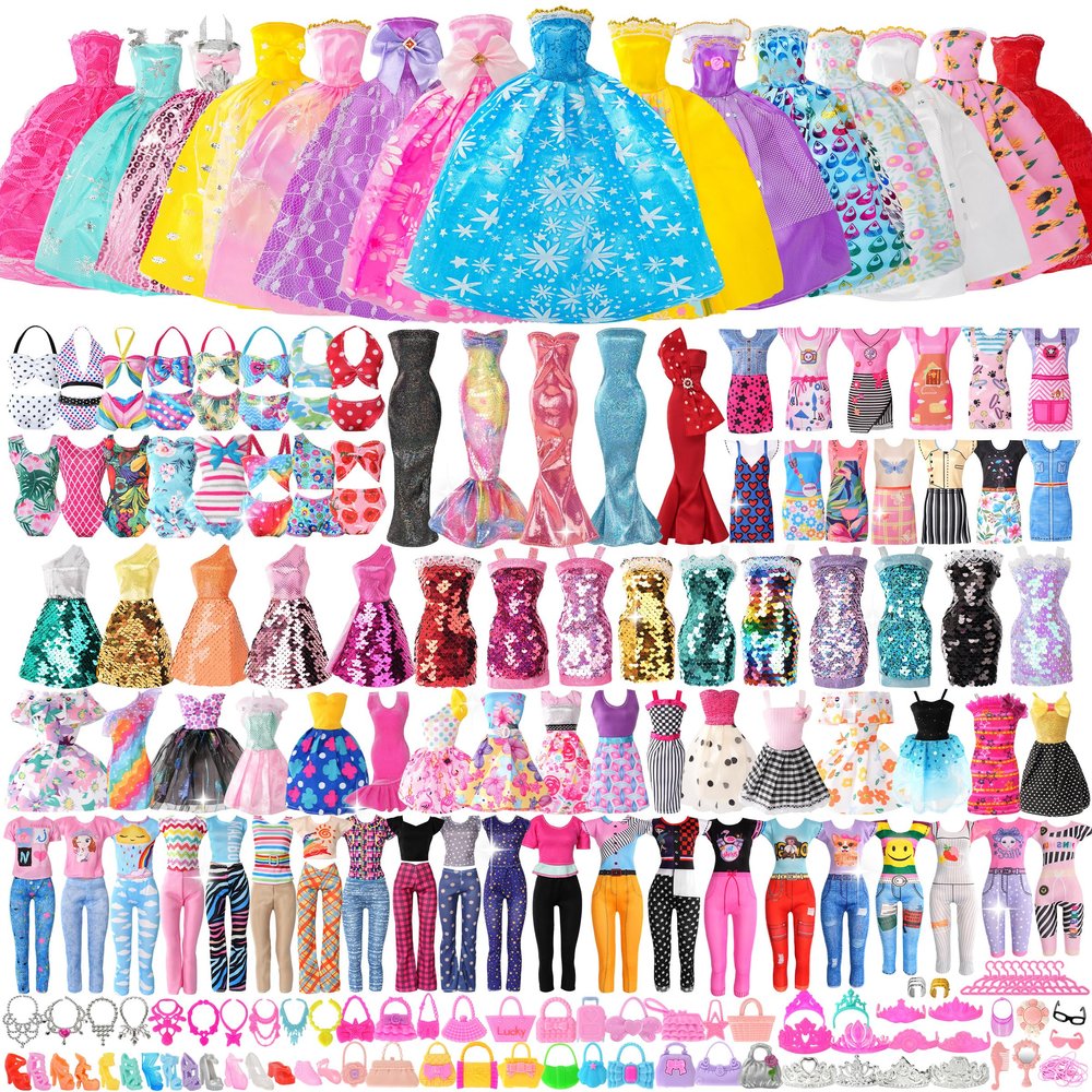 120Pcs Doll Clothes and Accessories, 5 Wedding Gowns 21 Dresses Including Evening Gowns, Fish Scale Skirts, Fashion Dresses, Swimsuits, Shoes, Hangers for Christmas Stocking Stuffers Girls Gift Age 3+