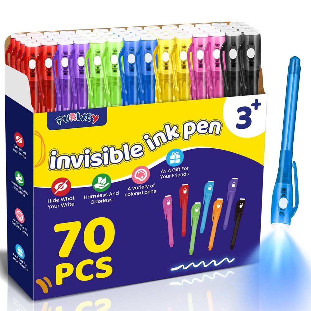 FURWEY Invisible Ink Pens,70 Pack UV Light,Kids Secret Spy Pen, Party Favors