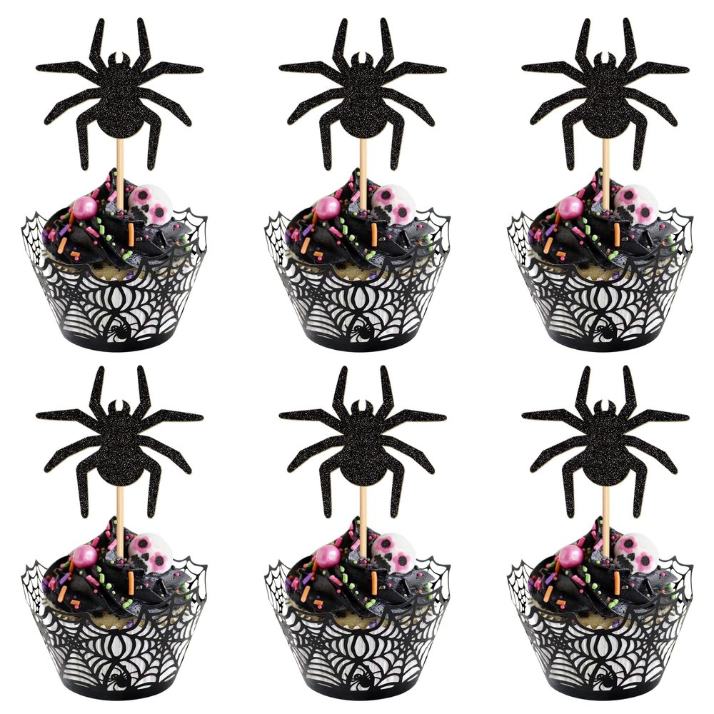 12Set Glitter Black Spiders Cupcake Toppers Spider Web Cupcake Wrapper for Spider Theme Baby Shower Boys Girls Spiders Birthday Cupcake Decorations Halloween Birthday Party Supplies