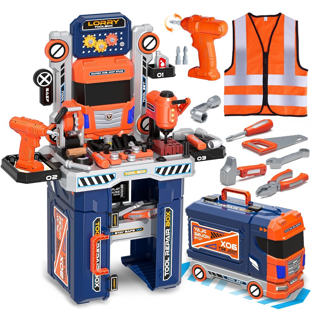 Kids Tool Bench Set with Electric Drill & Work Clothes, 68 PCS Realistic Toddler Tool Set for Ages 3-5, STEM Workbench Toy for Boys Girls, Pretend Play Construction Kit, Birthday Gift