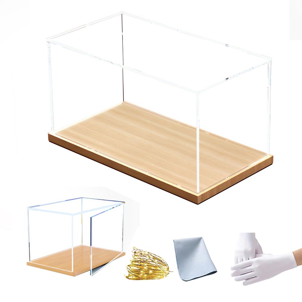 12mm high Wood Grain Display Boxs, countertop Display Box, Figure Model dust Boxs, Art Collection Box, Exquisite high-end Transparent (8x8x14in(Length x Width x Height))