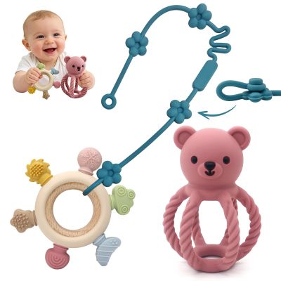 3Pcs Baby Silicone Teether Toy Set - Food-Grade Silicone Teething Relief Toys,Wooden Ring Teether Cute Bear Toy and Toy Straps for Babies 3-12 Months(Pink)