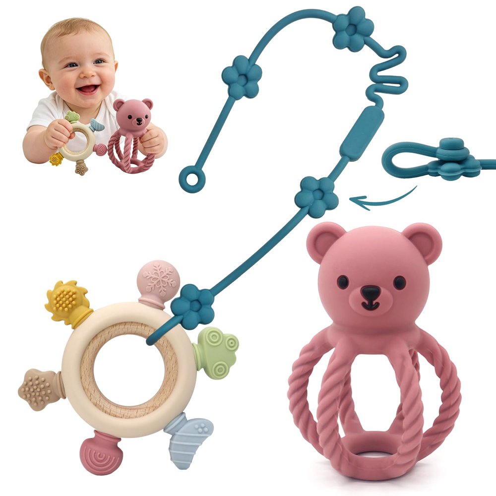 3Pcs Baby Silicone Teether Toy Set - Food-Grade Silicone Teething Relief Toys,Wooden Ring Teether Cute Bear Toy and Toy Straps for Babies 3-12 Months(Pink)