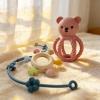 3Pcs Baby Silicone Teether Toy Set - Food-Grade Silicone Teething Relief Toys,Wooden Ring Teether Cute Bear Toy and Toy Straps for Babies 3-12 Months(Pink) view 3
