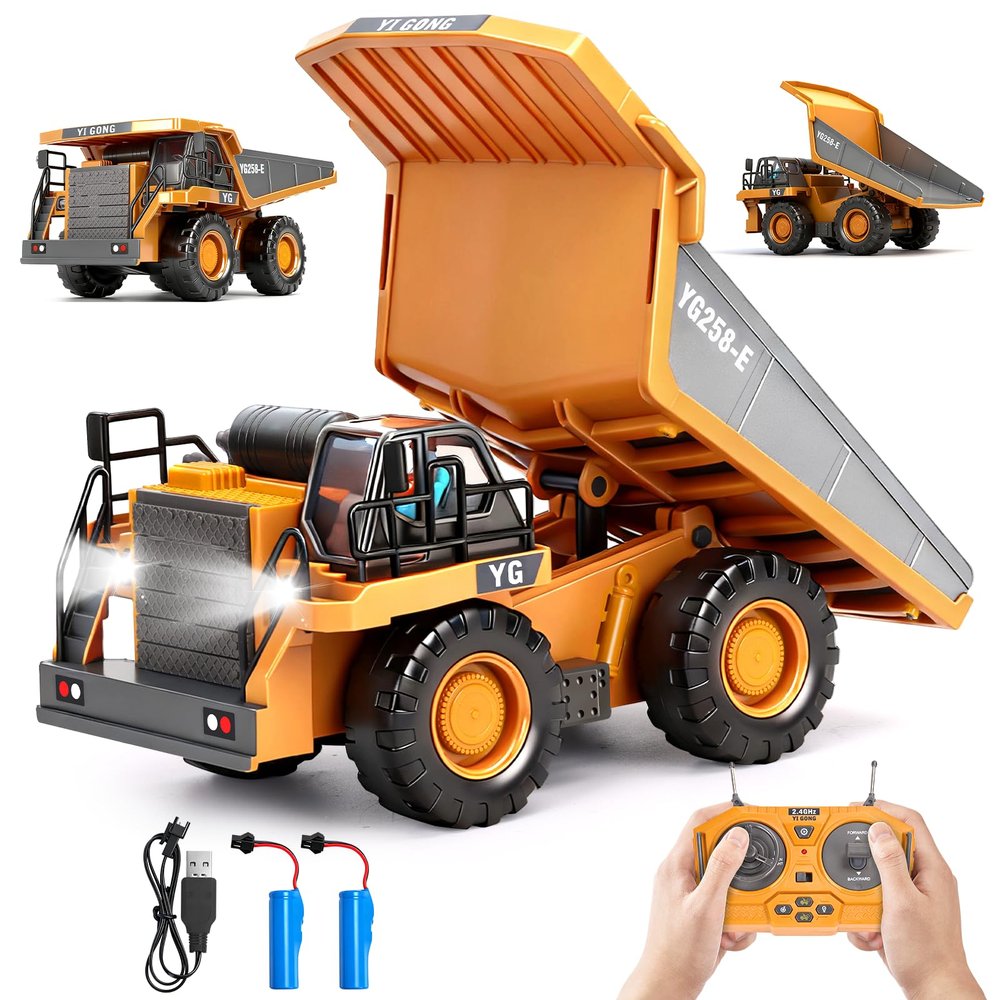 HuiJuKeJi Remote Control Dump Truck - 360 Rotating Metal Bed, 9-Channel RC Construction Toy for Indoor Outdoor Play, Rechargeable with Lights & Sounds, for Kids Ages 6+