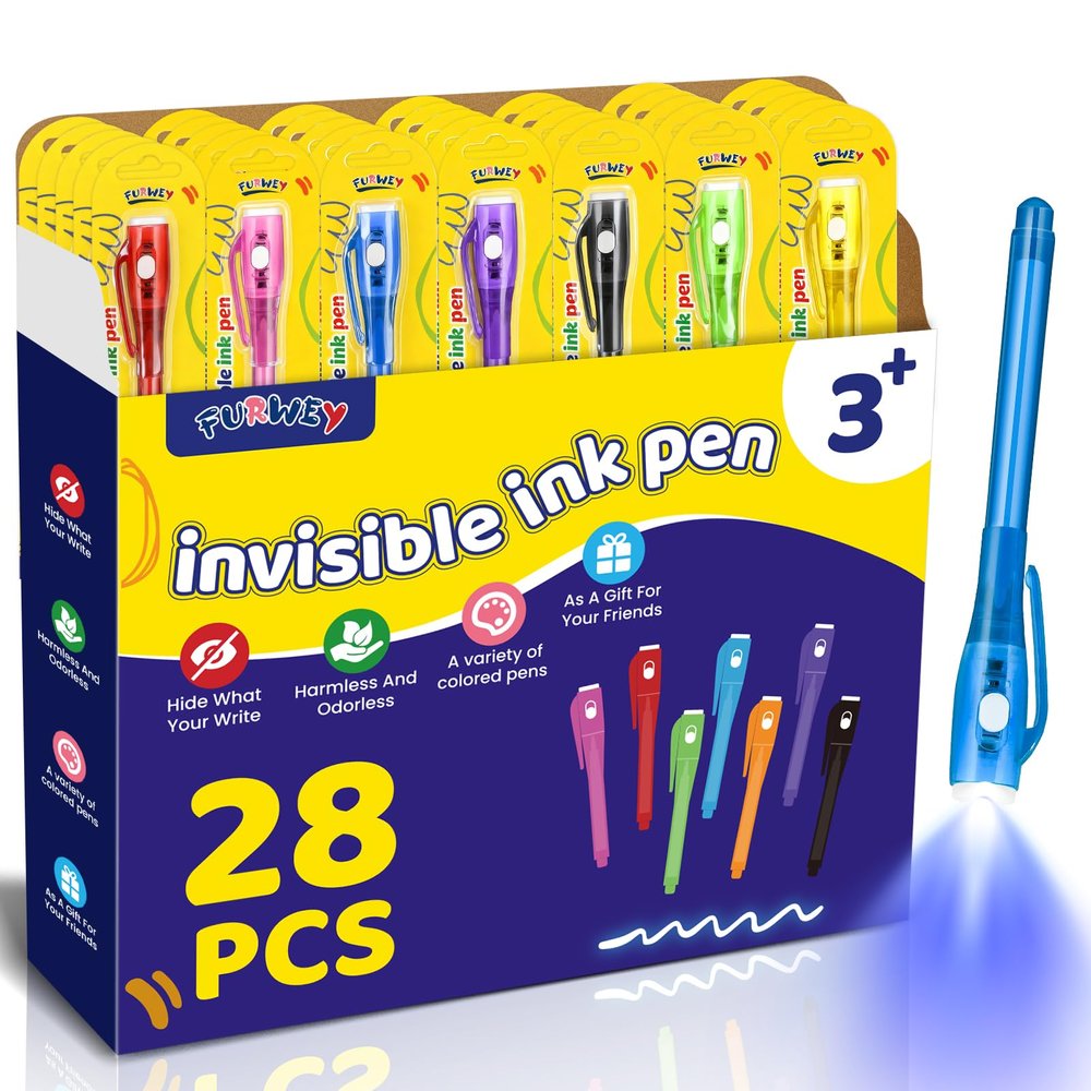 FURWEY Invisible Ink Pens,28 Pack UV Light,Secret Spy Pen,Party Favors