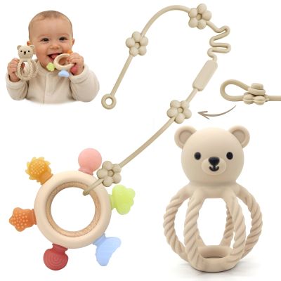 3Pcs Baby Silicone Teether Toy Set - Food-Grade Silicone Teething Relief Toys,Wooden Ring Teether Cute Bear Toy and Toy Straps for Babies 3-12 Months (Bright Beige)
