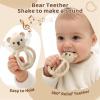 3Pcs Baby Silicone Teether Toy Set - Food-Grade Silicone Teething Relief Toys,Wooden Ring Teether Cute Bear Toy and Toy Straps for Babies 3-12 Months (Bright Beige) view 4