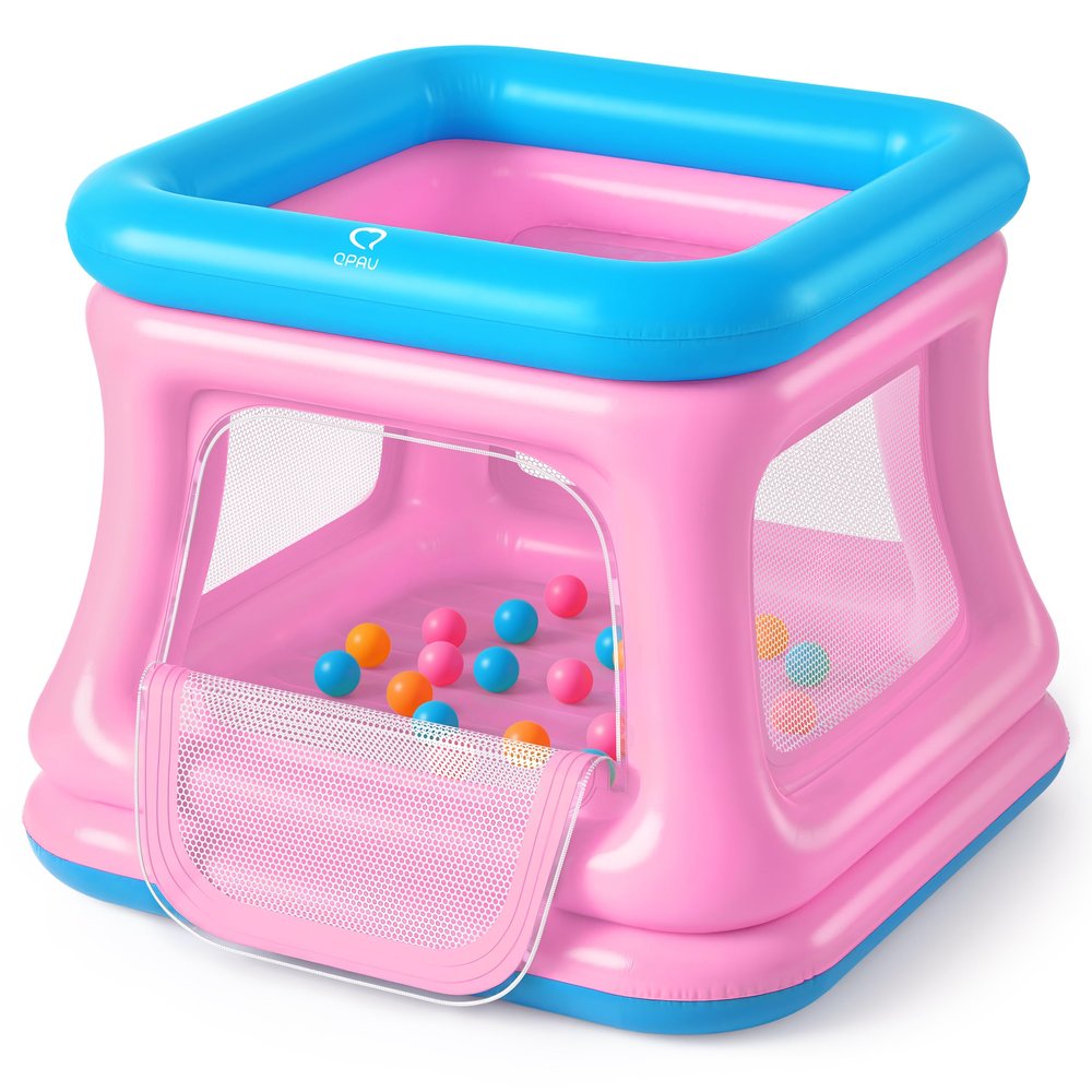 QPAU 3-in-1 Inflatable Bounce House for Toddlers 1-3, Ball Pit & Trampoline, Inflatable Bouncy House with Safety Net, Indoor & Outdoor Bubble Bouncer Baby Play YardBlue & Pink
