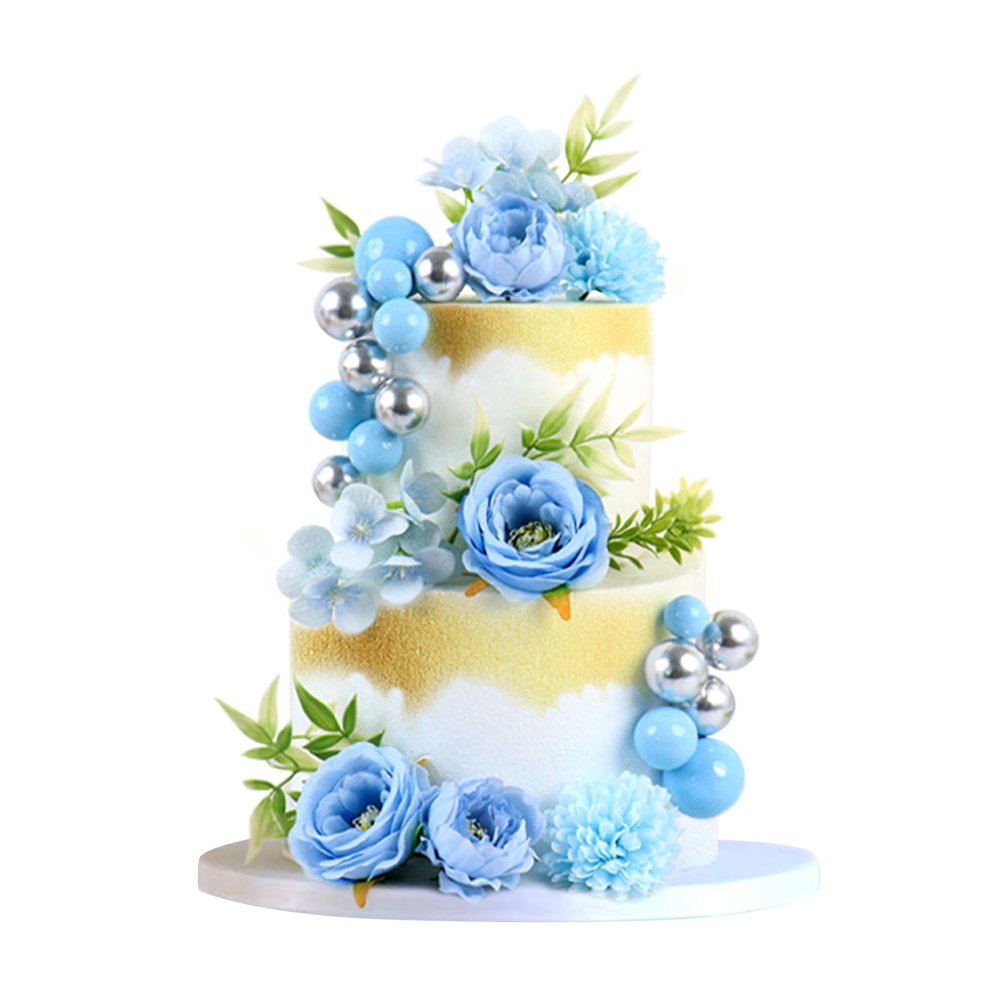 Ercadio 30Pcs Light Blue Artificial Flowers Balls Cake Decorations 3D Flowers with Artificial Leaves Cake Toppers for Baby Boy Birthday Blue Wedding Anniversary Mother's Day Party Cake Decor Supplies