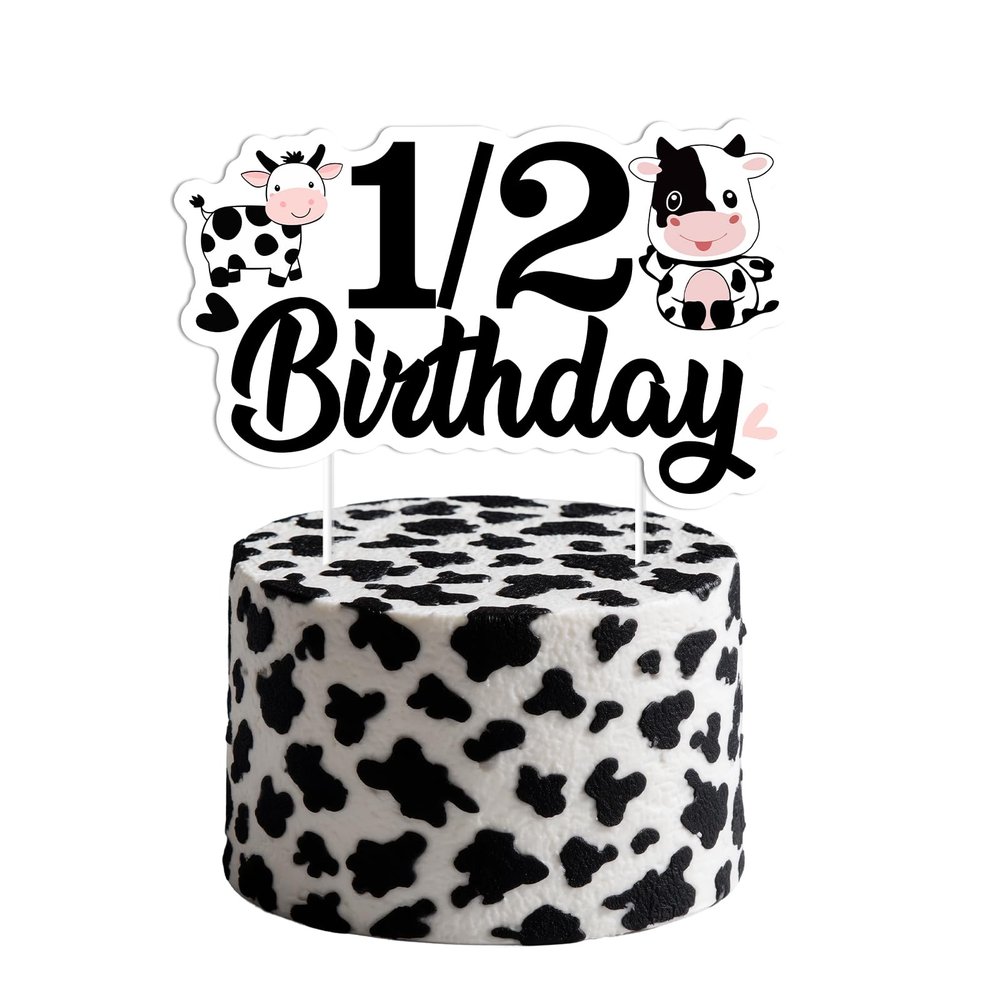 1 PCS Cow 1/2 Half Way to One Cake Topper,Farm Animals Bday Cow Cake Pick 6 Months 1/2 Birthday Half Way to One Cake Decorations for Cow Theme Half Birthday Party Cake Decorations Supplies