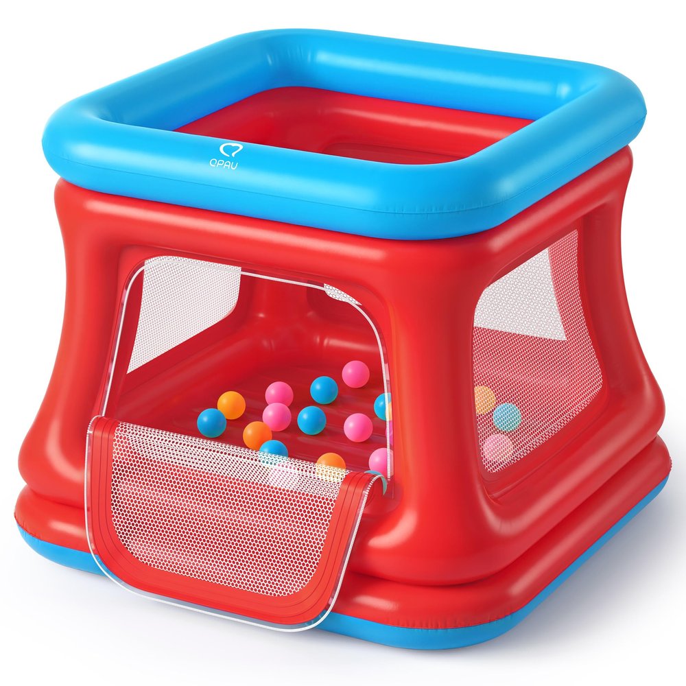 QPAU 3-in-1 Inflatable Bounce House for Toddlers 1-3, Ball Pit & Trampoline, Inflatable Bouncy House with Safety Net, Indoor & Outdoor Bubble Bouncer (Blue & Red)