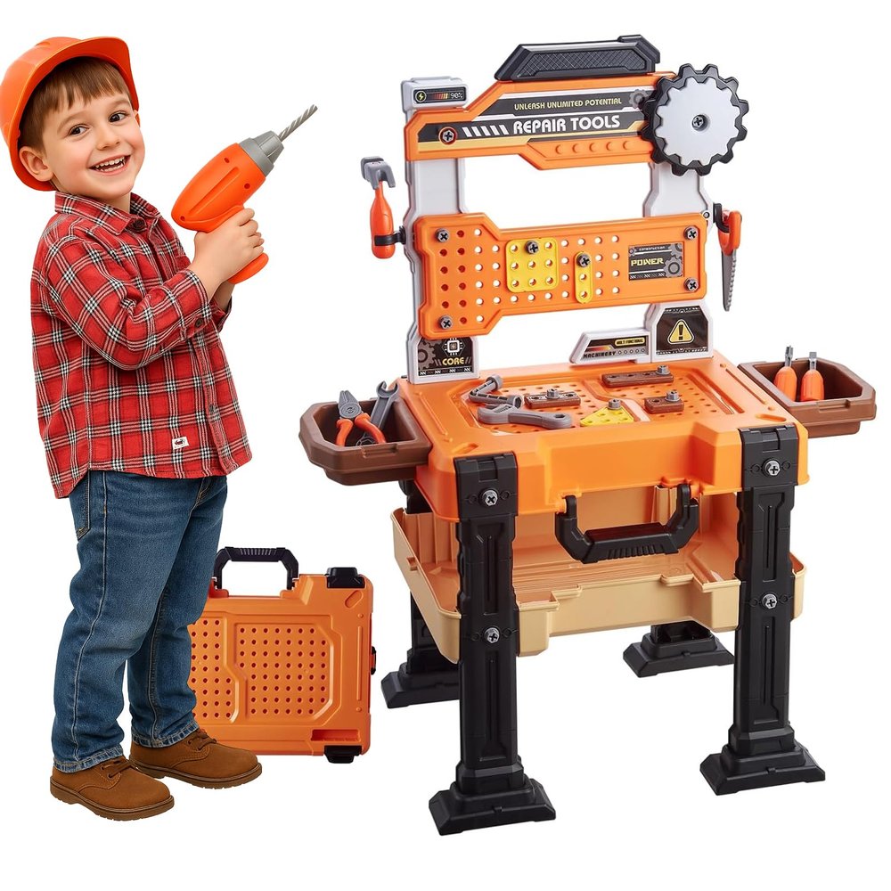 Kids Tool Workbench for Boys 3-5, Toddler Tool Set with Hammer, Electric Drill Toy, Take Apart Toys, Creative Construction Play Set, Repair Tools Workbench, Birthday Gift for Toddlers, with Toolbox