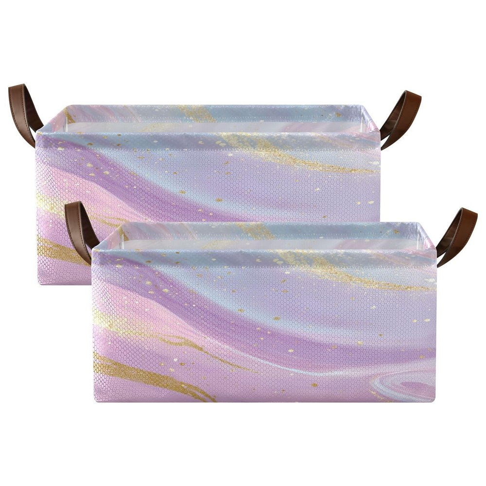 pnyoin Foldable Storage Basket Cube Bins for Organizing Closet Shelves Pantry Baby Clothes Storage Box Gold Purple Pink Marble Print Nursery Bins with Labels Waterproof Gift Baskets 2 Pack