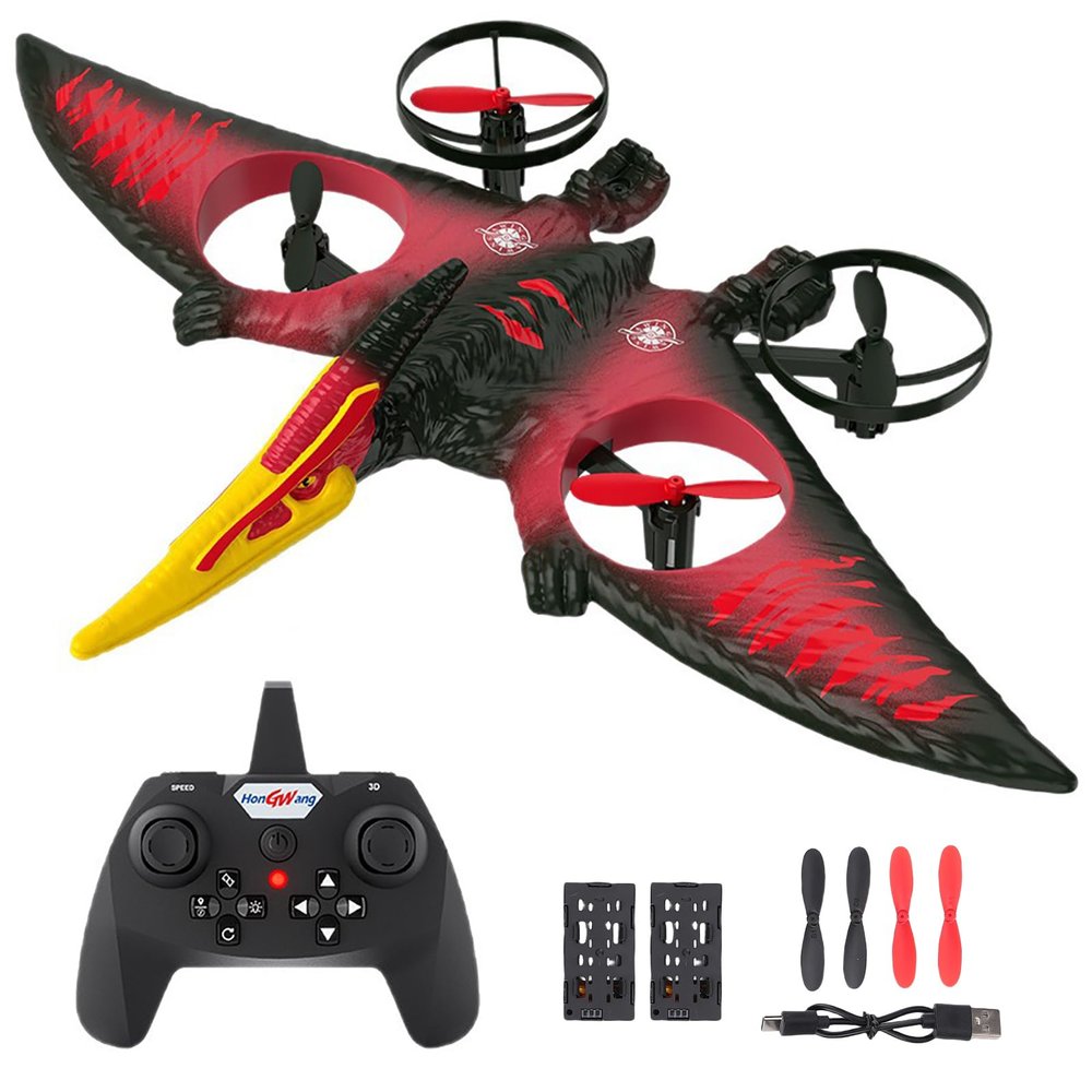 Hylukon Wing Loong Remote Control Airplane, 2.4G Foam Quadcopter with 360 Flips, One Key Takeoff and Landing, LED Lights, Headless Mode, Cool Stunt Glider for Teens Adults (Red 2 Batteries)