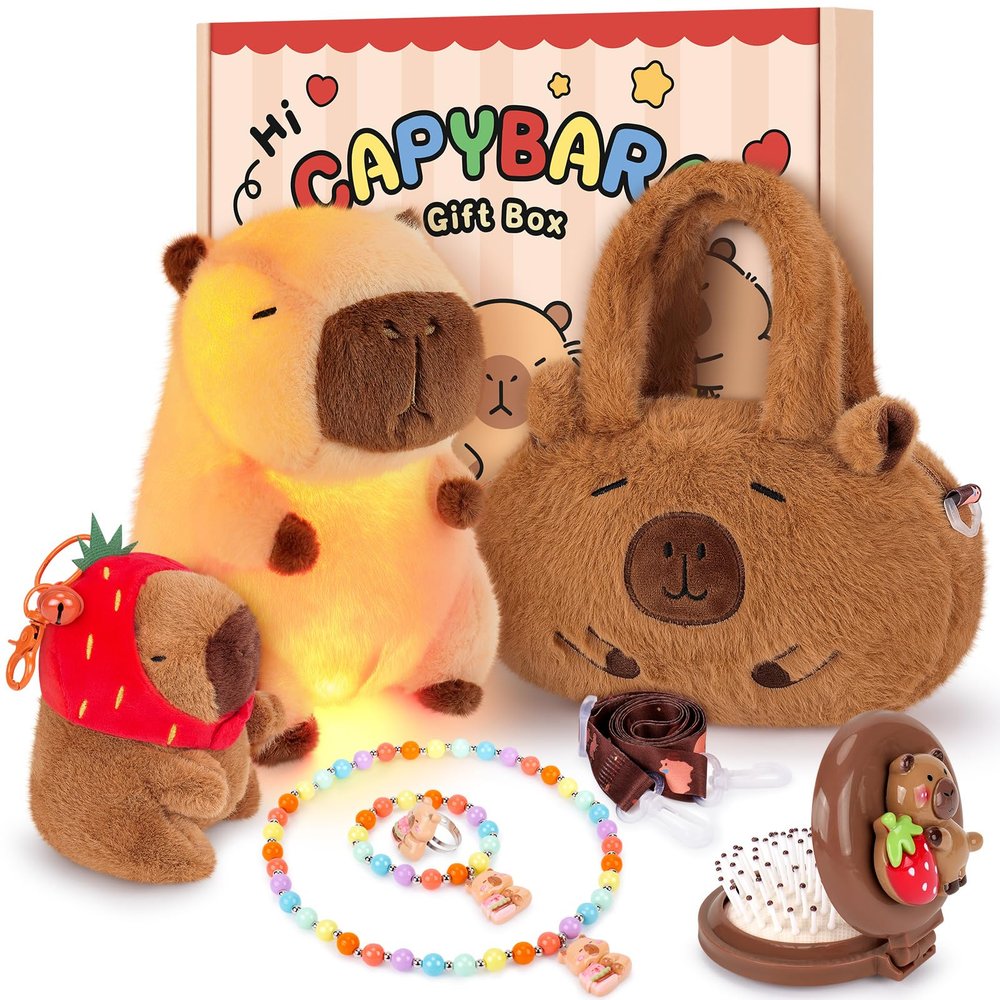 Achwishap Capybara Gifts Box,Light-up Capybara Plush Stuffed Animal for Girls 3-5 6 7 8 9 10 11+ Years,Kids Birthday Capybaras Plush Set with Capybaras Shoulder Bag Keychain Comb Jewelry for Valentine