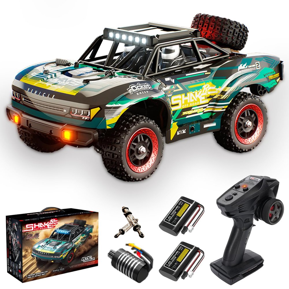 Authticar 4WD Remote Control Truck High Speed Remote Control Off Road Car with LED Lights All Terrain Short Course Vehicle for Teens Adults (Green)