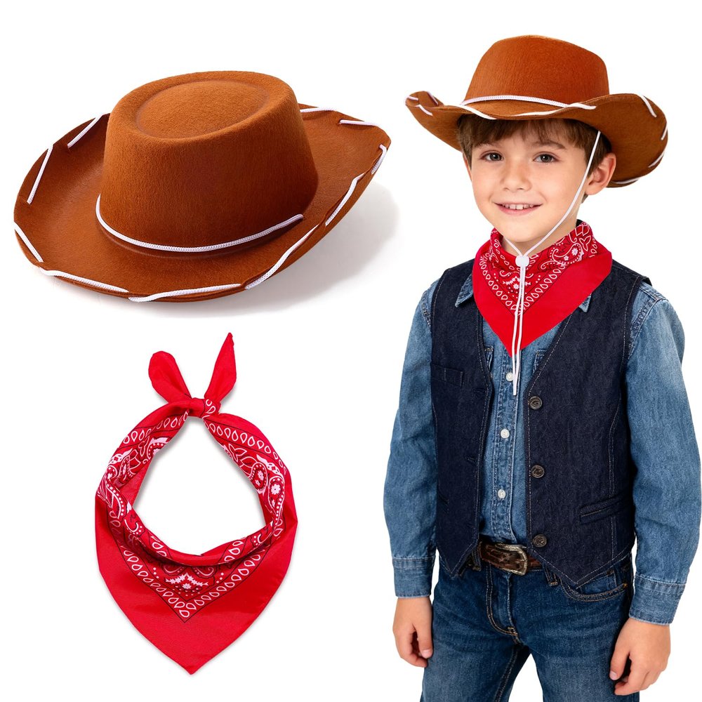 Babelshar Toddler Cowboy Hat & Bandana, Felt Cowboy Hats for 3-8, Western Cowgirl Halloween Costume for Kids, Boy and Girl