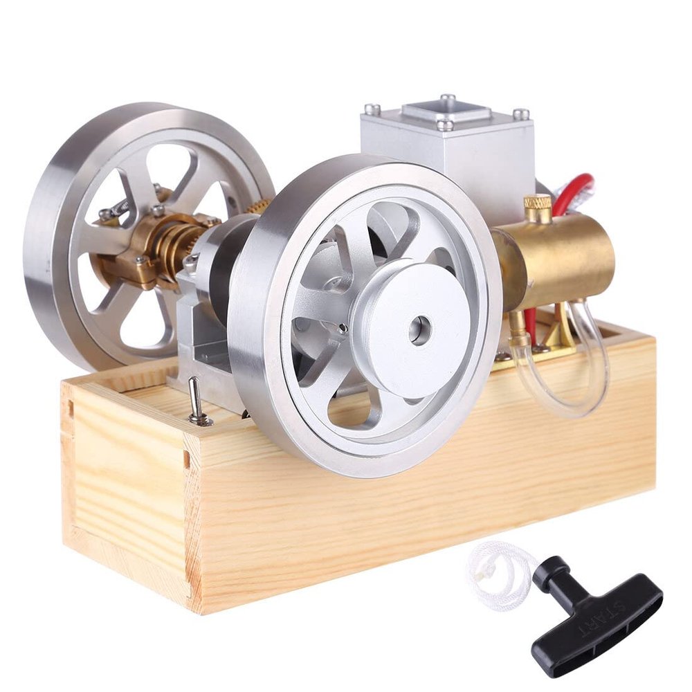 M90 Horizontal Hit & Miss Gasoline Engine Model - Metal Internal Combustion Engine with Hand Starter & Wood Base for Display & Education
