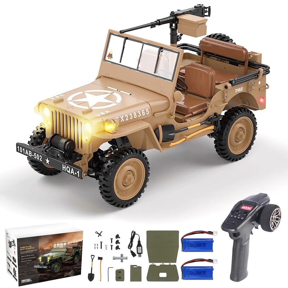 Authticar RC Crawler, 1:14 Scale Willys Military Jeep, 2.4Ghz 4WD Off Road Rock Crawler with 45 Climb, Alloy Chassis/Drivetrain, Dual-Speed Transmission, Functional Winch, LED for Adult (Yellow)