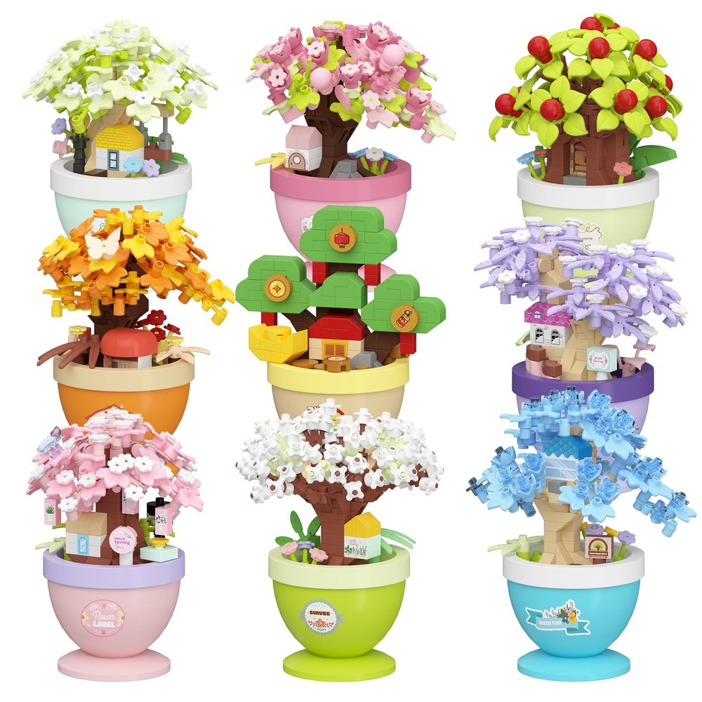 9 Set Mini Bonsai Tree Micro Building Set Building Toy Plant Cherry Tree Flower Collection Decor for Home Desk Greenery Decoration Building Blocks DIY Creative Gifts