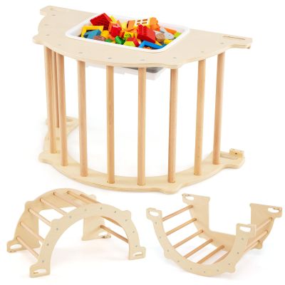 Costzon Wooden Arch Sensory Table for Kids, 8 in 1 Montessori Climbing Gym with Collapsible Storage Bin, Wooden Rocker Toy Learning Playset for Children 3+ Years Old Gifts (Medium)