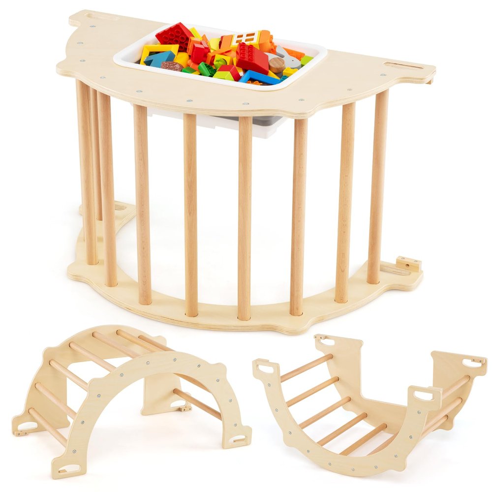Costzon Wooden Arch Sensory Table for Kids, 8 in 1 Montessori Climbing Gym with Collapsible Storage Bin, Wooden Rocker Toy Learning Playset for Children 3+ Years Old Gifts (Medium)