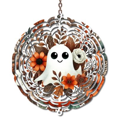 3D Ghost 10 inch Wind Spinner, Halloween Metal Wall Art Decor with Autumn Floral Design, Orange and White, Hanging Chain