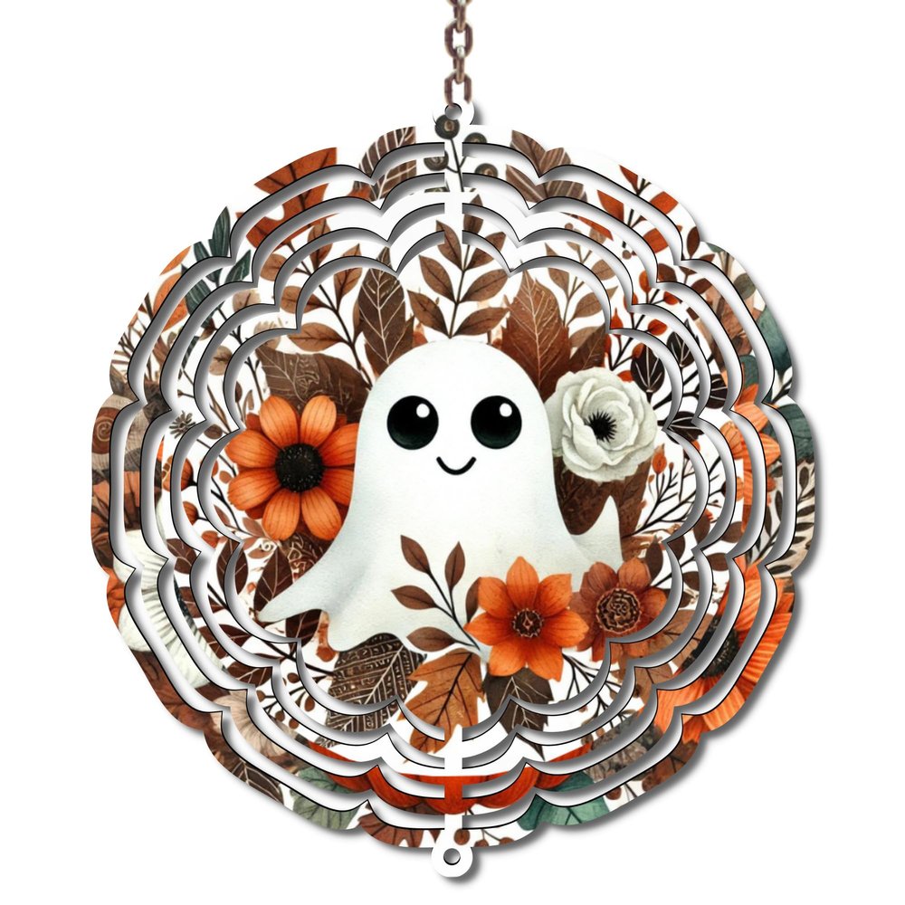3D Ghost 10 inch Wind Spinner, Halloween Metal Wall Art Decor with Autumn Floral Design, Orange and White, Hanging Chain