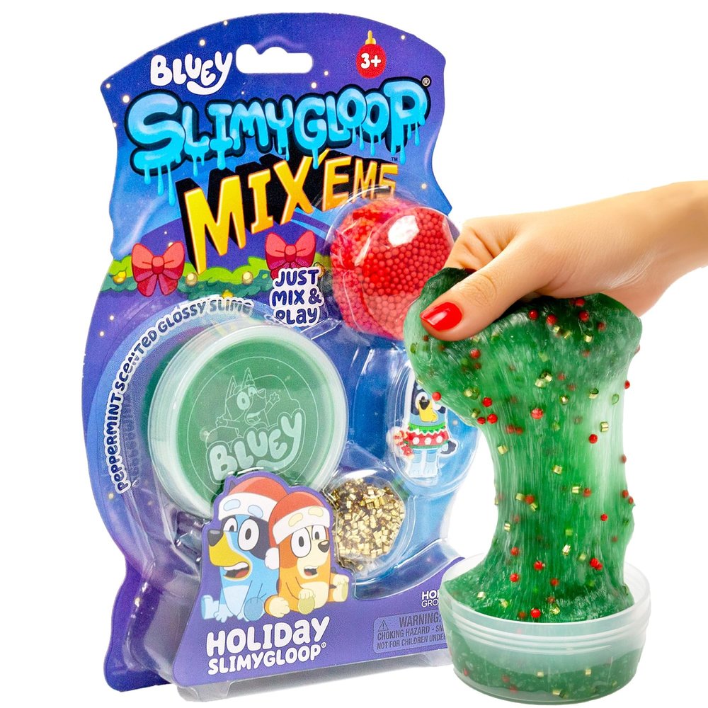Bluey Holiday SLIMYGLOOP MixEMS, Peppermint-Scented Glossy Slime, 3 Fun Slime Add Ins, Bingsu Beads, Mini Foam Balls, Collectible Rubber Charm, Fun Stocking Stuffers, Gifts for Kids, Sensory Toys