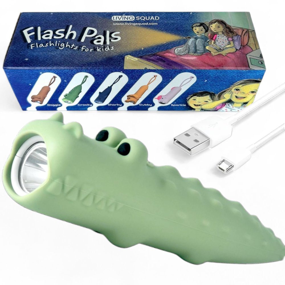 Kids Crocodile Flashlight Rechargeable - Soft Silicone Animal Toy Light, Eye-Protection Dimmable 3 Modes, USB-C Charging, Small Handheld Flashlight for Boys Camping Reading Birthday Gift Ages 3-9