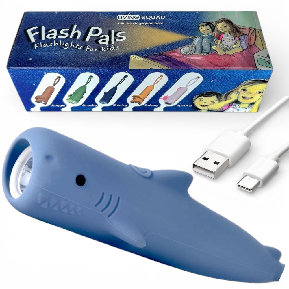 Rechargeable Shark LED Flashlight for Kids - Brave Silicone Animal Toy, Eye-Protection Dimmable 3 Modes, USB-C Charging, Small Handheld Light for Boys Camping Reading Birthday Gift Ages 3-9