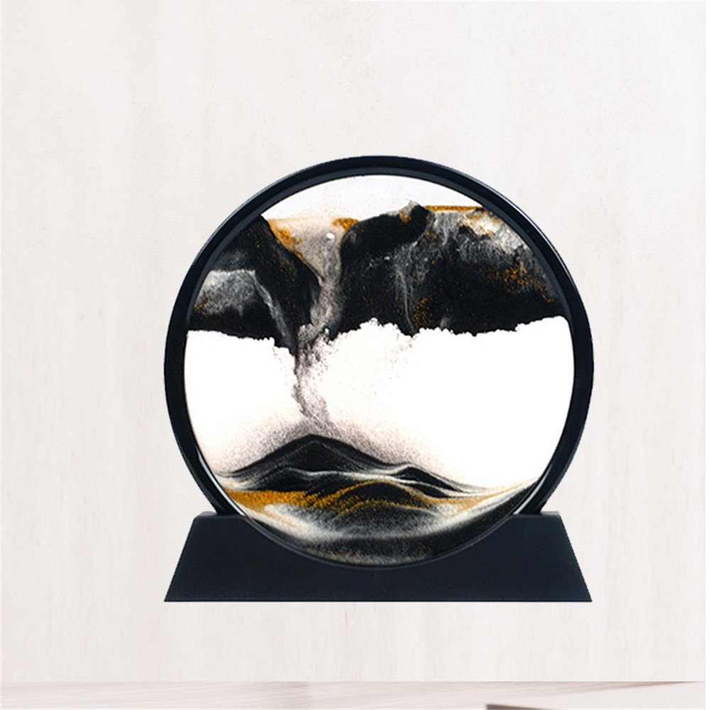 KHAOL 3D Deep Sea Sandscape Moving Sand Art Liquid Motion Hourglass Style Decorative Art Piece Bubbler Flowing Sand Art Picture for Office Desk Accessories(Black,7in)