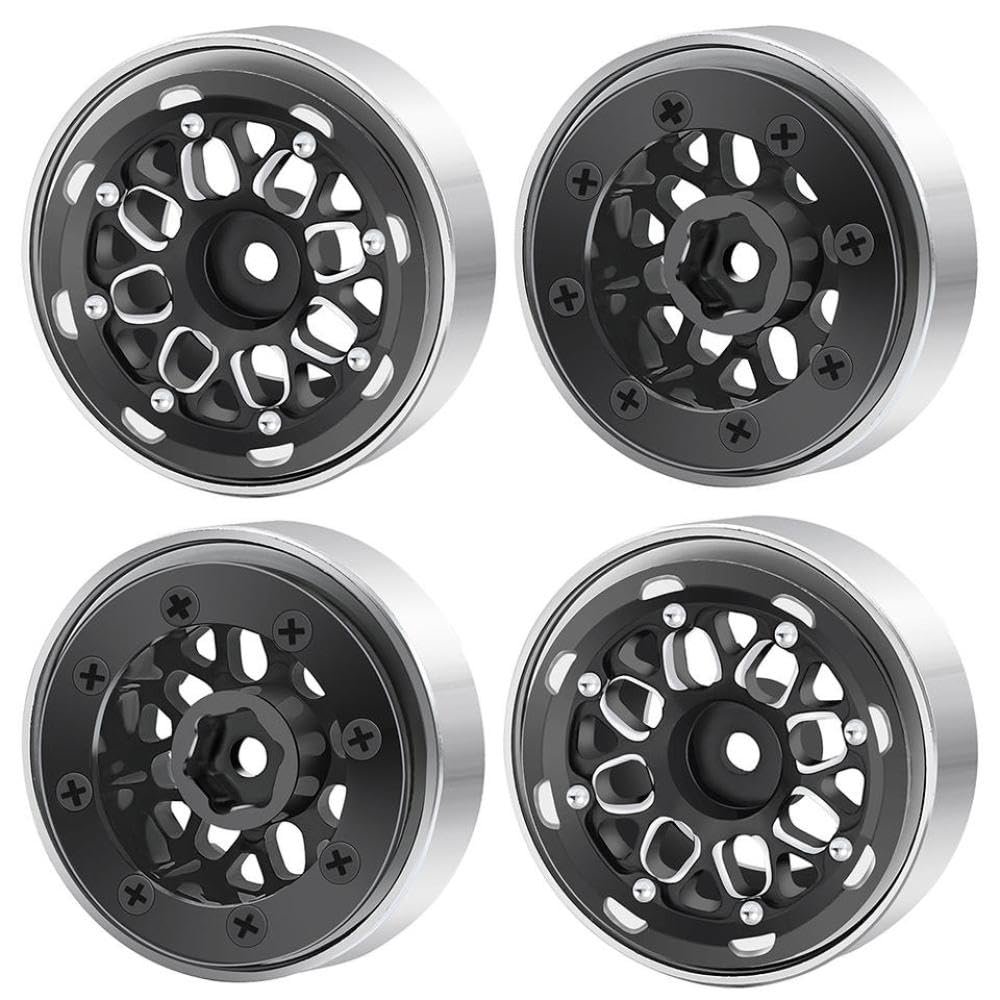 4Pcs 1.0inch Aluminum Beadlock Wheel Rims Compatible with 1/18 1/24 Scale RC Car Models Upgrade Parts Fits SCX24 and Similar Off Road Vehicles(Type 1 Black)